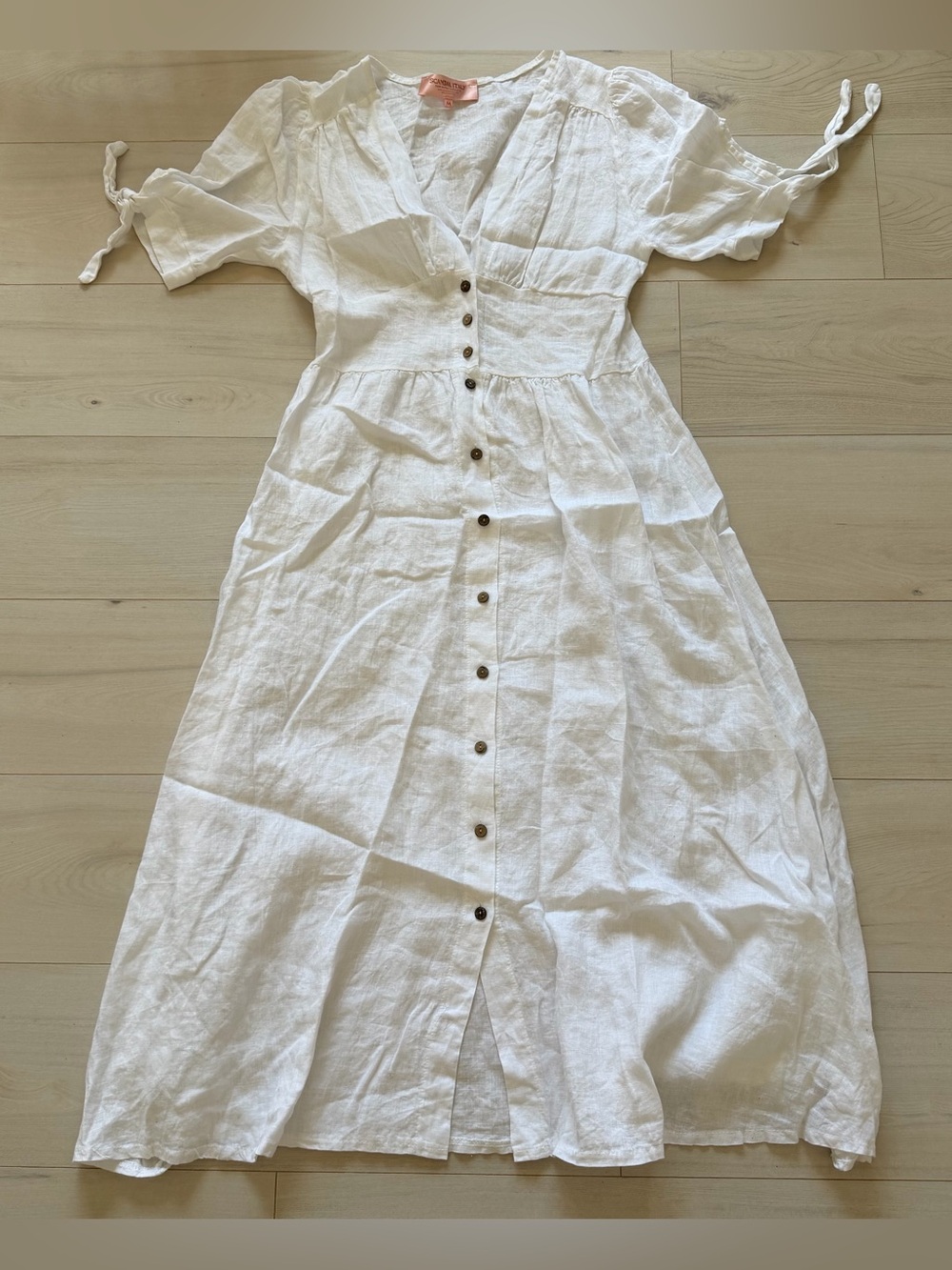 Scandal Italy White Button-Front Linen Maxi Dress with Tie Sleeves